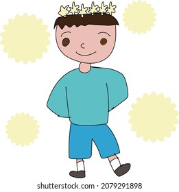 A fun boy with a crown of flowers on his head