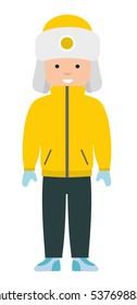 Fun boy in winter sports the jacket and pants on a white background. Winter kid activity flat icon. Vector  illustration