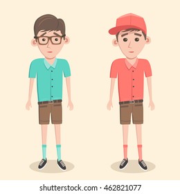 Fun boys. Boy with glasses and in a baseball cap. Cartoon vector illustration. Schoolboys. Friendly children