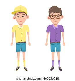 Fun boys. Boy with glasses and in a baseball cap. Cartoon vector illustration. Schoolboys. Friendly children
