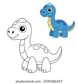 A fun Brachiosaurus cartoon coloring page featuring a friendly, long-necked dinosaur with a big smile, perfect for kids to color and enjoy!