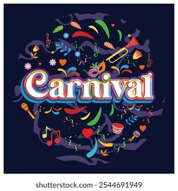 A fun Brazilian carnival celebration. Music party with colorful elements. Carnival party concept. Flat vector illustration.