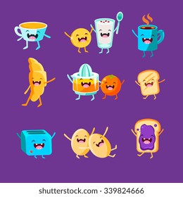 Fun Breakfast. Food with cute faces, happy. Vector illustration set