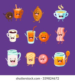 Fun Breakfast. Food with cute faces, happy. Vector illustration set