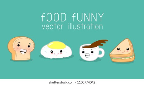 Fun breakfast, funny food, eggs, toast, coffee cup, sandwich,vector illustration