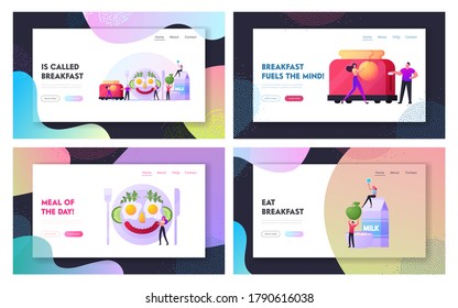 Fun Breakfast Landing Page Template Set. Characters Cooking Funny Meal Look Like Smiling Human Face made of Fried Eggs, Sausage, Vegetable on Plate. Tiny People Cook Food. Cartoon Vector Illustration