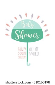 Fun and bright baby shower invite. Vector hand drawn illustration in pastel pink and green colors.