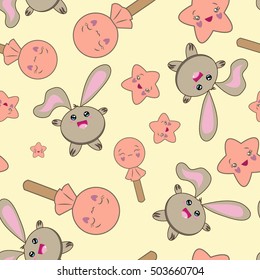 Fun bright background in Kawaii style. Seamless childish repeat with cute characters as bunny, candy and star.