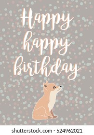 Fun and bright birthday card. Hand drawn vector illustration featuring a baby fox looking up with beautiful typography. Cartoon childish background in pastel colors.