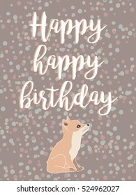 Fun and bright birthday card. Hand drawn vector illustration featuring a baby fox looking up with beautiful typography. Cartoon childish background in pastel colors.