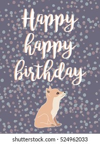 Fun and bright birthday card. Hand drawn vector illustration featuring a baby fox looking up with beautiful typography. Cartoon childish background in pastel colors.