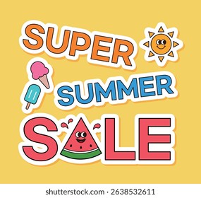 A fun, bright and cheerful summer sale banner design featuring witty typography and illustrations of the sun, ice cream, popsicle and watermelon.