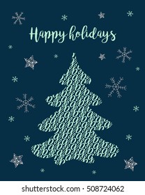 Fun and bright Christmas card featuring a lacy Christmas tree, stars and snowflakes on a dark blue background. Vector hand drawn illustration with isolated objects.