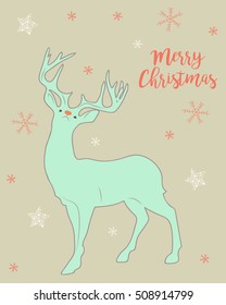Fun and bright Christmas/greeting card or poster featuring a reindeer, stars and snowflakes on a light background. Vector hand drawn illustration with isolated objects in pastel colors. 