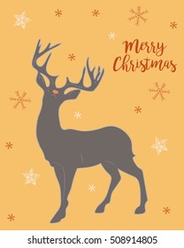 Fun and bright Christmas/greeting card or poster featuring a reindeer, stars and snowflakes on a vibrant orange background. Vector hand drawn illustration with isolated objects in pastel colors. 