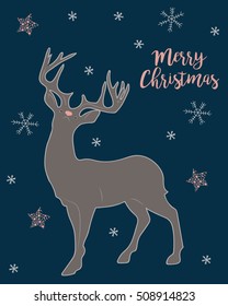 Fun and bright Christmas/greeting card or poster featuring a reindeer, stars and snowflakes on a dark blue background. Vector hand drawn illustration with isolated objects in pastel colors. 