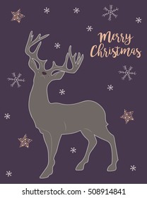 Fun and bright Christmas/greeting card or poster featuring a reindeer, stars and snowflakes on a vibrant purple background. Vector hand drawn illustration with isolated objects in pastel colors. 