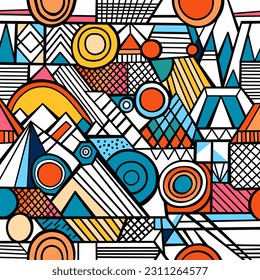 A fun, bright and colorful color composition with rectangles, squares and polygons and random doodles in a style inspired by Mondrian and Kandinsky.
