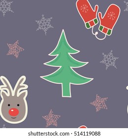 Fun and bright festive seamless repeat featuring a deer, Christmas tree, mittens and  snowflakes on a pastel purple background. Vector pattern with hand drawn elements. 