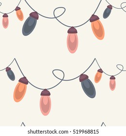 Fun and bright holiday pattern with Christmas lights on a vanilla color background. Seamless repeat with isolated elements.