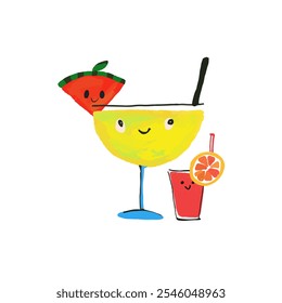 Fun and bright illustration of refreshing drinks with smiling orange and watermelon decor. Suitable for summer parties and holiday invitations.