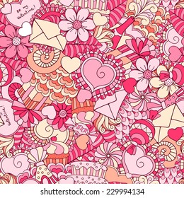 Divertido, luminoso y original fondo festivo sin fisuras para el día de San Valentín, hecho al estilo doodle. Vector.