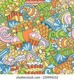 Fun, bright and original festive seamless background, made in the doodle style. Vector.