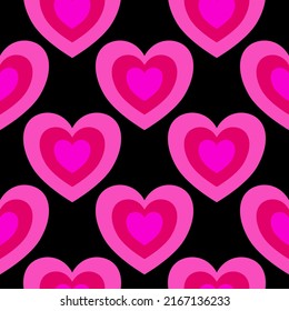 Fun bright pink black heart shaped pattern for women empowerment. Cute girly feminine seamless texture for teenager girl. Vector illustration background on self love, y2k nostalgic self care concept.