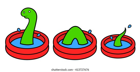 Fun bright red cartoon kids wading pool in three sections with a green Lochness monster swimming in the water, vector illustration