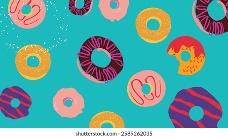 A fun and bright seamless background featuring assorted donuts with sprinkles and icing on a teal background. Perfect for bakery branding, digital wallpapers, textiles, and playful food-themed designs