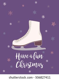 Fun and bright seasonal card featuring a skate, stars and snowflake on a purple background. Vector hand drawn illustration with isolated elements.
