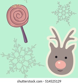 Fun and bright seasonal repeating pattern featuring a reindeer, a lollipop and a lacy snowflake on a vibrant yet pastel aqua color background. 