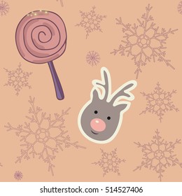 Fun and bright seasonal repeating pattern featuring a reindeer, a lollipop and a lacy snowflake on a vibrant yet pastel peachy color background. 