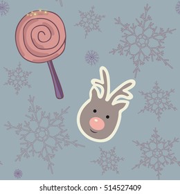 Fun and bright seasonal repeating pattern featuring a reindeer, a lollipop and a lacy snowflake on a vibrant yet pastel blue color background. 