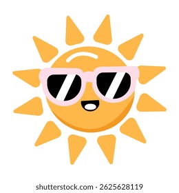 Fun and bright yellow vector illustration of a smiling sun wearing stylish pink sunglasses. Perfect for summer themes, vacation designs, and cheerful graphics. Download this sunny vector