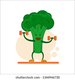 Fun broccoli with dumbbells in their hands. Broccoli athlete. Cartoon illustration. Vector.