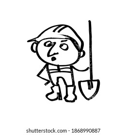 Fun Builder. Construction and repair. A hand-drawn cartoon character. Black and white vector illustration