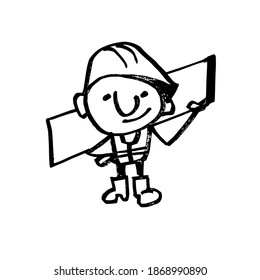 Fun Builder. Construction and repair. A hand-drawn cartoon character. Black and white vector illustration