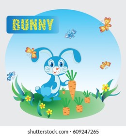 Fun Bunny and carrot . Zoo. A child's drawing. Blue Bunny. The cartoon characters. Design for sample, emblems, children's books, the background image.