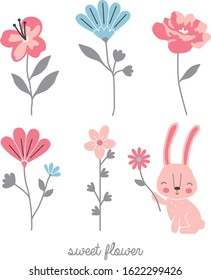 fun bunny with flower in hand and several flowers around with writing sweet flowers
