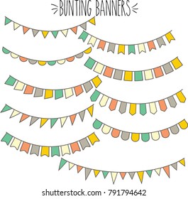 Fun bunting banners illustration collection, Boho color cute birthday party round scallop and triangle flag set, Festive long square garland doodle, Carnival decoration hanging on string elements
