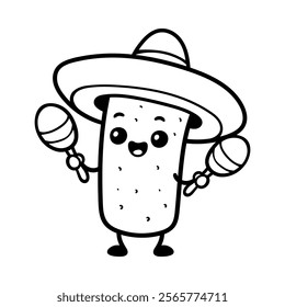 fun burrito wear sombrero and hold maracas cartoon isolated drawing line art style sketch classic vintage design illustration