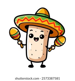 fun burrito wear sombrero and hold maracas cartoon isolated colored drawing line art style sketch classic vintage design illustration