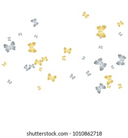 Fun butterfly cloth vip backdrop on white. Nature butterfly linen theme vector with gold and silver metallic silhouette. Premium repeating insect fabric artwork for luxury advert.