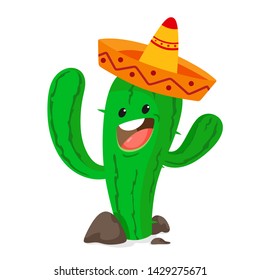 Fun cactus with maracas and sombreros. Vector illustration on white background.