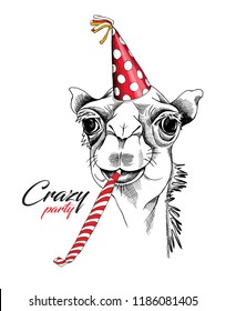 Fun Camel in a red party hat and with a whistle blowing. Crazy party - lettering quote. Humor card, poster, t-shirt composition, hand drawn vector illustration.