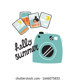 Fun camera and summer vacation photos like sea landscape, selfie, footprints in the sand, blue sky with sun and clouds. Hand drawn style vector isolated illustration for banner, card design and other.