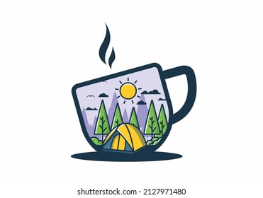 Fun camping with dome tent in cup shape flat illustration design