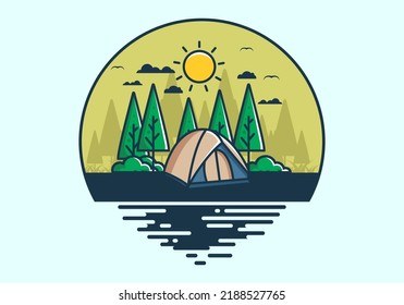 Fun camping with dome tent flat illustration design