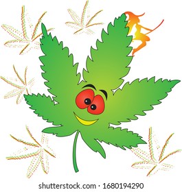 Ein lustiges Cannabis-Blatt, das die Menschen legal erfreut. Im Hintergrund eine glückliche Hexe, die von den Strahlen des Sonnenuntergangs erhellt wird